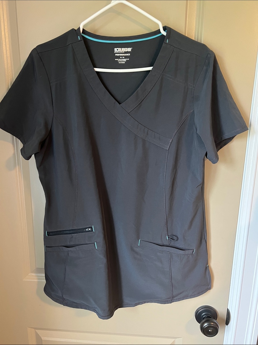 Scrubstar Charcoal Grey Mock Wrap Scrub Top Teal Trim Medium
